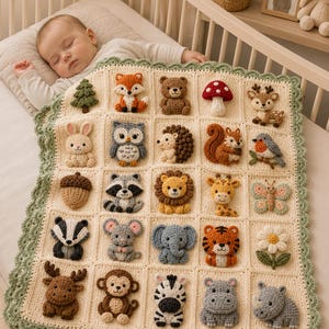 Puede incluir: Una manta de ganchillo para beb&eacute; de color crema con una cuadr&iacute;cula de veinticinco cuadrados, cada uno decorado con un animal de peluche tridimensional o un motivo natural, incluyendo un zorro, un oso, una seta, un ciervo y un elefante.