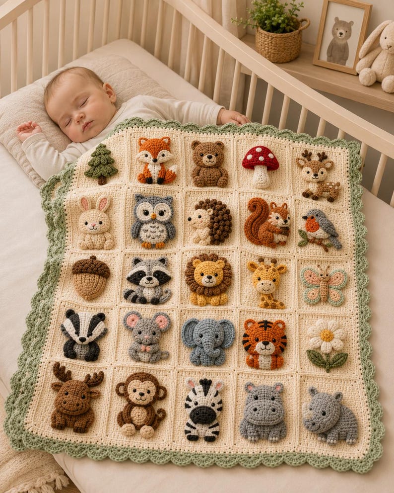 Puede incluir: Una manta de ganchillo para beb&eacute; de color crema con una cuadr&iacute;cula de veinticinco cuadrados, cada uno decorado con un animal de peluche tridimensional o un motivo natural, incluyendo un zorro, un oso, una seta, un ciervo y un elefante.