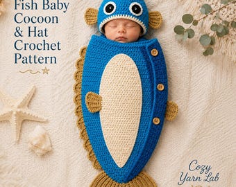 Fish Baby Cocoon Crochet Pattern PDF | Newborn Swaddle Sack | Sea Creature Photo Prop | Fish Hat Hooded Sleep Sack | Baby Shower Gift Idea