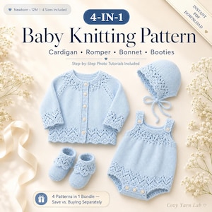 May include: A 4-in-1 baby knitting pattern set featuring a light blue cardigan, romper, bonnet, and booties. The text includes 4-IN-1 Baby Knitting Pattern, Cardigan, Romper, Bonnet, Booties, Newborn-12M, 4 Sizes Included, and Instant PDF Download.