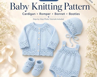 Baby Knitting Pattern Bundle | Cardigan Romper Bonnet Booties | 4-in-1 Baby Knitting Set PDF | Newborn to 12 Months | PDF Instant Download
