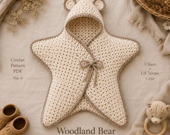 Star Baby Cocoon Crochet Pattern PDF | Bear Hood Baby Wrap | Woodland Baby Star Suit Newborn Photo Prop | Baby Shower Gift Instant Download