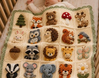 Woodland Safari Baby Blanket Crochet Pattern PDF | 25 Applique Granny Squares | Nursery Decor Blanket | Beginner Friendly Digital Download