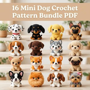 Può includere: Un documento PDF digitale intitolato 16 Mini Dog Crochet Pattern Bundle che presenta sedici figure di cani all'uncinetto. La collezione include varie razze come dalmata, bassotto, golden retriever, husky e carlino, tutte realizzate in filato.