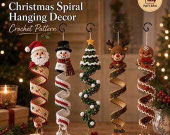Christmas Spiral Ornament Crochet Pattern PDF | 5 in 1 Santa Snowman Reindeer Gingerbread Tree | Amigurumi Hanging Decor Digital Download