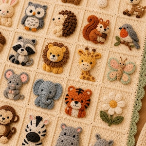 Puede incluir: Una manta de ganchillo color crema con una cuadr&iacute;cula de cuadrados individuales, cada uno decorado con un animal de peluche o motivo natural tridimensional, incluyendo un le&oacute;n, elefante, tigre, mono, cebra, hipop&oacute;tamo, rinoceronte y un hongo rojo.