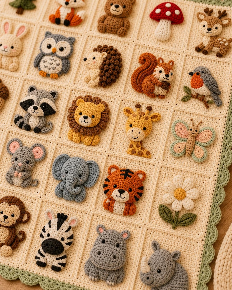 Puede incluir: Una manta de ganchillo color crema con una cuadr&iacute;cula de cuadrados individuales, cada uno decorado con un animal de peluche o motivo natural tridimensional, incluyendo un le&oacute;n, elefante, tigre, mono, cebra, hipop&oacute;tamo, rinoceronte y un hongo rojo.