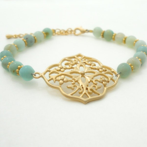 Moroccan Bracelet Friendship Bracelet Beaded Bracelet Gold Filigree Charm Bracelet Amazonite Gypsy Bohemian Jewelry Bracelet Gift for Her