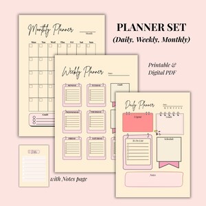 May include: A planner set featuring a monthly, weekly, and daily planner, along with a notes page. The planners have a cream background with pink accents and text. The text includes "Monthly Planner," "Weekly Planner," and "Daily Planner."