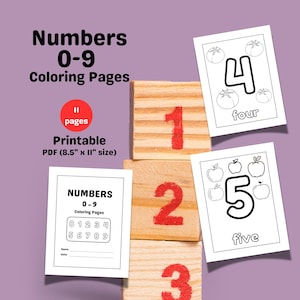 Könnte beinhalten: Lehrreiche ausdruckbare Malvorlagen für die Zahlen 0-9. Das Bild zeigt Holzblöcke mit roten Zahlen und Malvorlagen mit Zahlen und Illustrationen. Der Text auf dem Bild lautet "Numbers 0-9 Coloring Pages" und "Printable PDF (21,6 cm x 27,9 cm)".