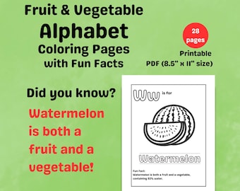 Fruit & Vegetable Alphabet Coloring Book with Fun Facts: 28 Coloring Pages (Printable PDF)