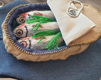 Embroidered Sardine Denim  Pouch - Fisherman Gift