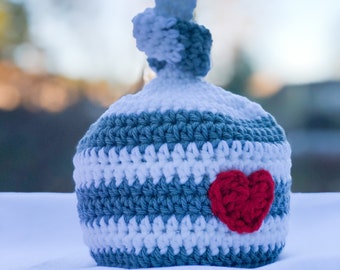 Valentine's Day Hat, Heart Hat, Crocheted Heart Hat, Striped Heart Hat, Winter Hat, Holiday Hat, Knotted Hat, Infant Hat, Baby Hat