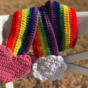 Crocheted Rainbow Scarf, Cloud and Heart Scarf, Multi-Colored Scarf, Rainbow Scarf with Tassels, Pride Scarf