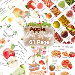 Puede incluir: Un recurso educativo colorido titulado "Ultimate Apple Unit Study, 61 Page". La imagen presenta varias variedades de manzanas, diagramas de las partes de la manzana y recetas de alimentos a base de manzana como pastel y mermelada. Incluye ilustraciones en acuarela y texto.