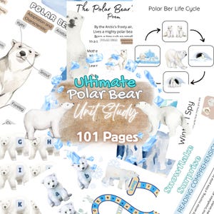 Pode incluir: Materiais educativos com o tema do urso polar. A imagem inclui ilustrações de ursos polares, um poema e o texto "Ultimate Polar Bear Unit Study 101 Pages". O design incorpora cores azul e branco.