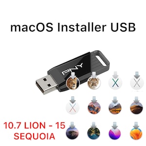 May include: Black PNY macOS Installer USB drive with the text "macOS Installer USB" and "10.7 LION - 15 SEQUOIA". The drive has a USB connector and a loop for attaching to a keychain. Includes several macOS icons.