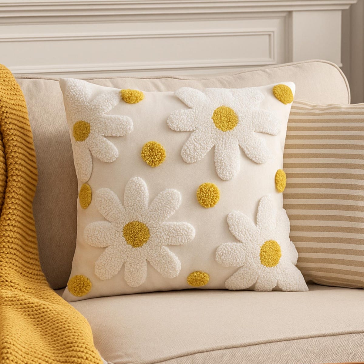 Embroidered Pillow Cover With Daisies: Tufted Floral Cushion Case, Boho Flower Throw Pillowcase - Etsy