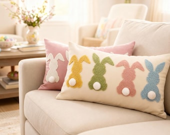 Federa per cuscino ricamata con coniglietto pasquale: cuscino trapuntato, federa lombare in stile fattoria