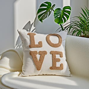 May include: An off-white cushion with the word "LOVE" embroidered in a textured, light brown yarn. The cushion is on a white sofa, with green plants in the background. The cushion is a home decor item.