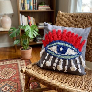 Könnte beinhalten: Ein graues Zierkissen mit einem großen, gestickten Augendesign. Das Auge hat eine blaue Iris, weiße und grüne Akzente und rote Fransen darüber. Weiße Büschel bilden die Wimpern. Das Kissen liegt auf einem Korbstuhl.