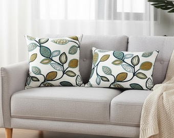 Geborduurde sierkussenhoes met blad: boho botanische kussenhoes, decor boerderijtextiel