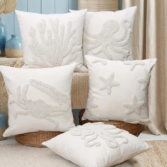Coastal Tufted Pillow Case: Ocean Sea Life Cushion Cover, Nautical Decor