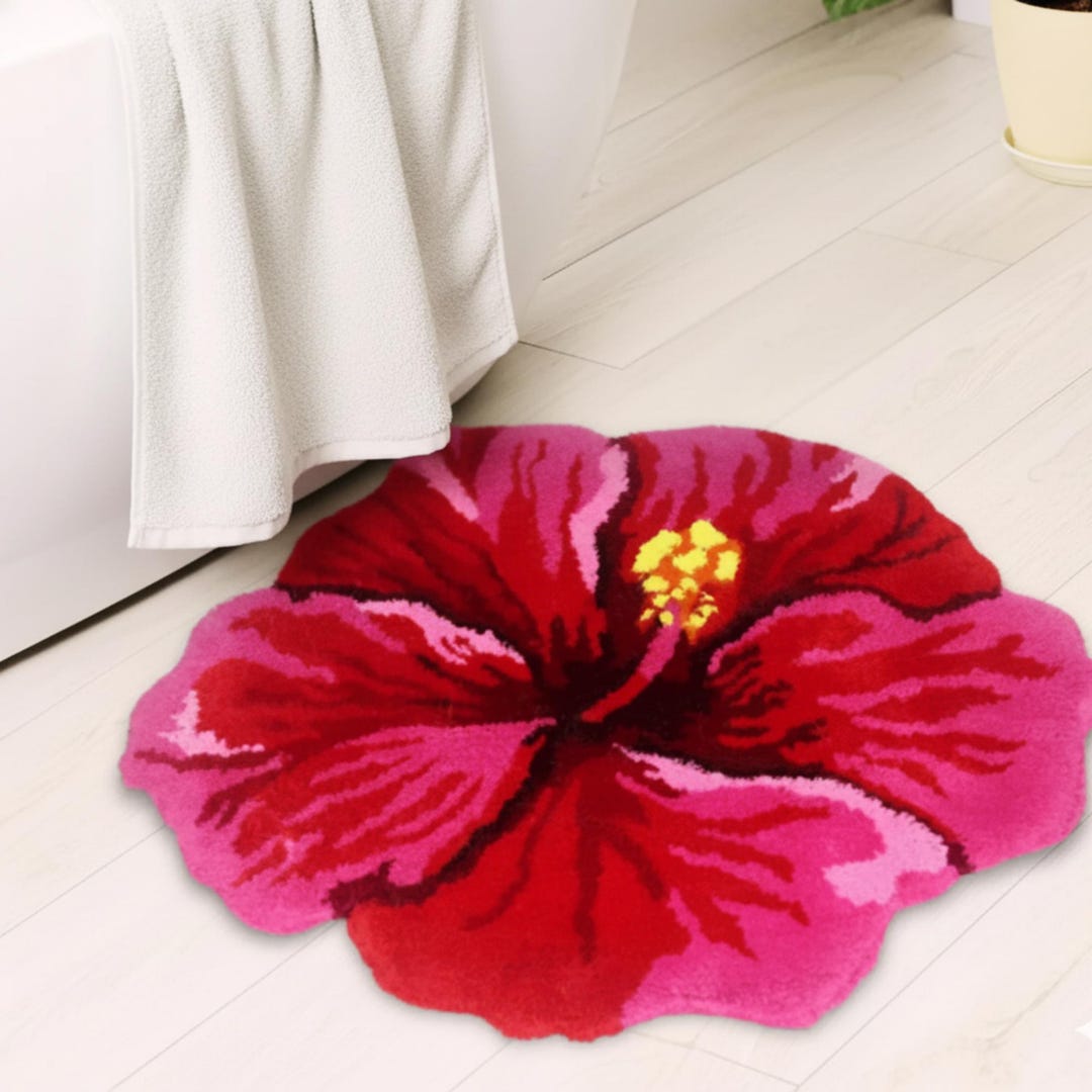 Red Hibiscus Flower Mat: Flocked Rug for Bathroom, Bedroom & Living ...