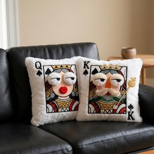 Quirky Playing Cards Pillow: Embroidered Cartoon King Queen Jack Cushion, Unique Poker Gift