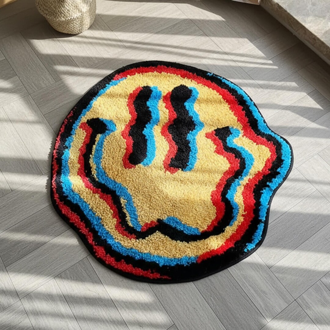Trippy Smiling Face Rug: Unique Flocked Yellow Smiley Mat, Psychedelic ...