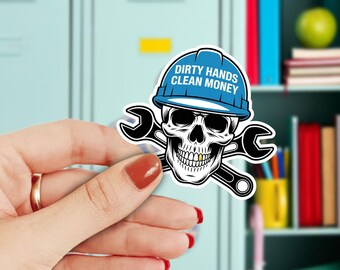 3pc Dirty Hands Clean Money Sticker Set, Skull Mechanic Hard Hat Wrenches Vinyl Decals, Waterproof 3 Inch, Toolbox Laptop Car Guy Gift