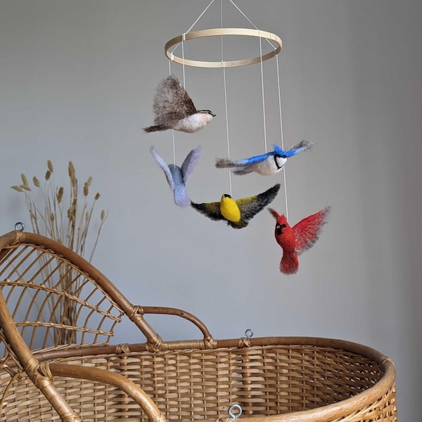 Needle Felted Backyard Birds Baby Mobile: Wool Nursery Decor