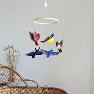 Needle Felted Bird Baby Mobile: Cardinal, Blue Jay, Goldfinch