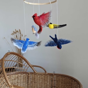 Needle Felted Bird Baby Mobile: Cardinal, Blue Jay, Goldfinch