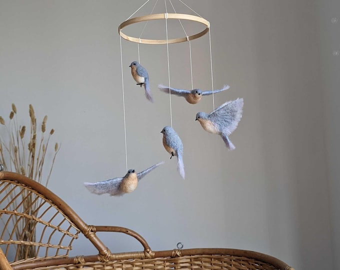Needle Felted Bluebird Baby Mobile: Natural Wool Nursery Decor, Garden Style Baby Room