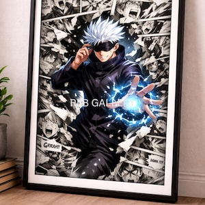 May include: Framed anime art print featuring a character with white hair and a black blindfold, surrounded by manga panels. The character is depicted with a glowing blue energy ball in their hand. The print has the text "RNB GALLERY".