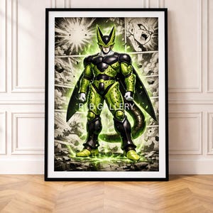 Pôster do Cell em anime, arte de colagem do mangá Dragon Ball com aura verde (download digital)