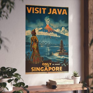 Visit Java Travel Poster | Vintage Indonesia Wall Art | Retro Java Island Print | Borobudur & Volcano Decor | Southeast Asia Artwork