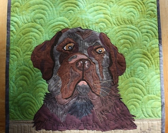 Black Lab portrait quilt, custom made in fabric, of your pet, dog, cat, reptile or fish.