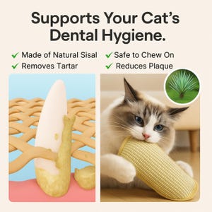 May include: Image promoting cat dental hygiene. Text reads "Supports Your Cat's Dental Hygiene." Features a cat chewing on a yellow sisal product, and an illustration of a tooth with tartar. Text also states the product is made of natural sisal, safe to chew on, removes tartar, and reduces plaque.