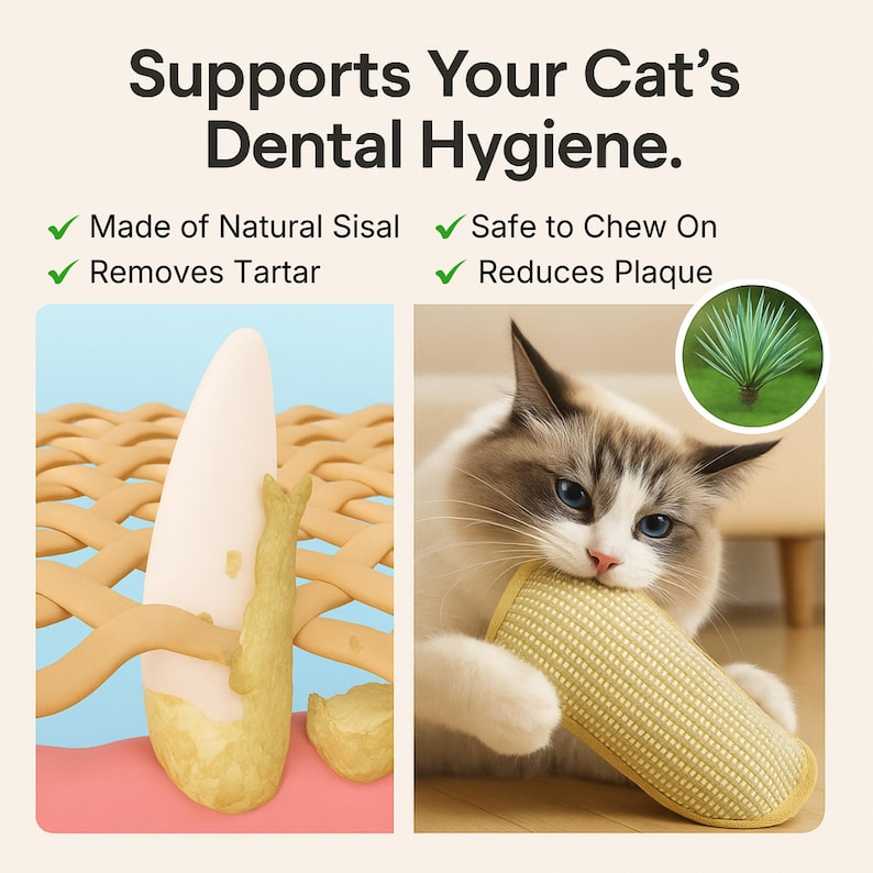 May include: Image promoting cat dental hygiene. Text reads "Supports Your Cat's Dental Hygiene." Features a cat chewing on a yellow sisal product, and an illustration of a tooth with tartar. Text also states the product is made of natural sisal, safe to chew on, removes tartar, and reduces plaque.