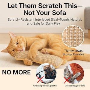 May include: A ginger cat lies on a beige sisal scratch toy. Text reads "Let Them Scratch This - Not Your Sofa". The image includes a close-up of the sisal material and illustrations of cats, with the words "Chewing wires & plastic".