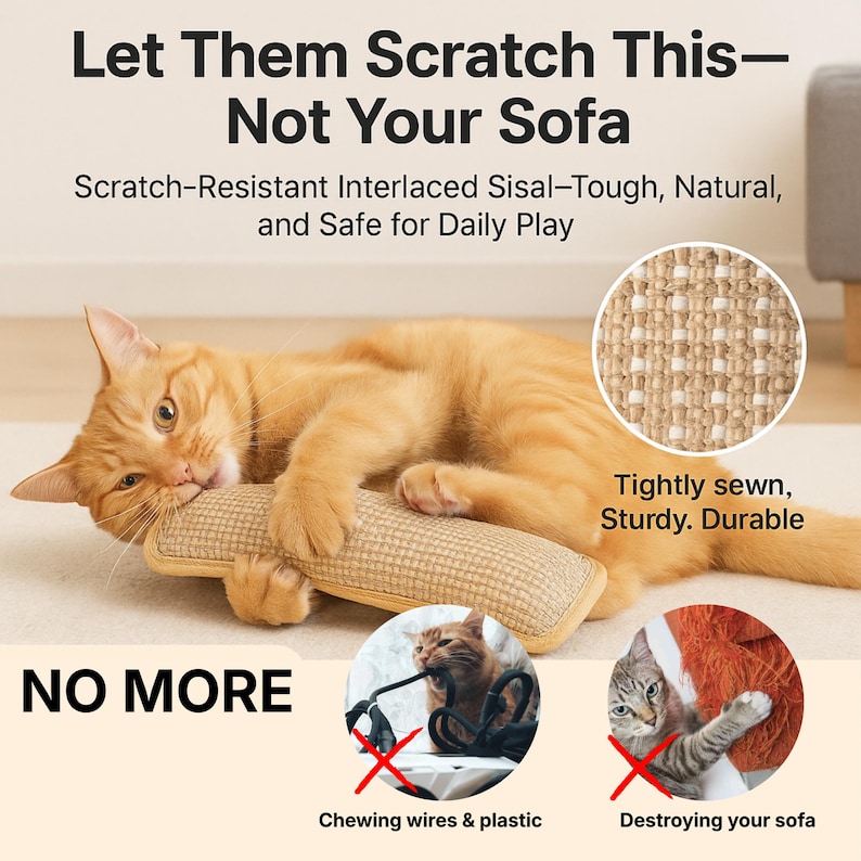 May include: A ginger cat lies on a beige sisal scratch toy. Text reads "Let Them Scratch This - Not Your Sofa". The image includes a close-up of the sisal material and illustrations of cats, with the words "Chewing wires & plastic".