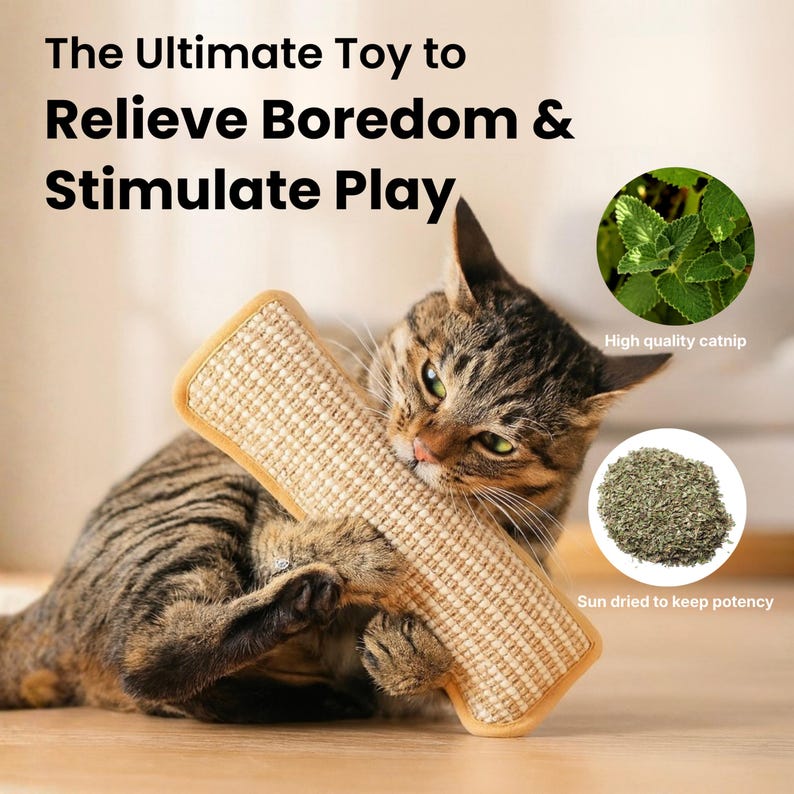 May include: A tabby cat is biting a beige rectangular cat scratcher with a light brown border. Text on the image reads "The Ultimate Toy to Relieve Boredom & Stimulate Play." There are images of catnip.