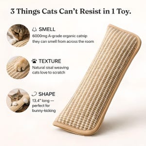 May include: A rectangular cat toy made of woven sisal with a beige border. The text on the image says the toy is 34 cm long and contains organic catnip. The toy is designed for cats to scratch and bunny-kick.
