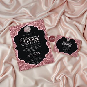 Elegant Glitz and Glam Rose Gold Pink Sweet Sixteen Invitation, Editable Canva Template (Digital Download)