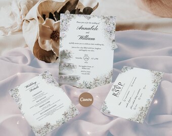 Traditional White Floral Wedding Invitation Suite, Save The Date, RSVP Editable Canva Template (Digital Download)
