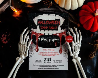Può includere: Un biglietto d'invito rettangolare per una festa di Halloween con un grafico di zanne di vampiro bianche e sangue rosso che cola. Il testo recita Halloween Vamp Night, 31st October, e include i dettagli dell'evento in bianco e nero.