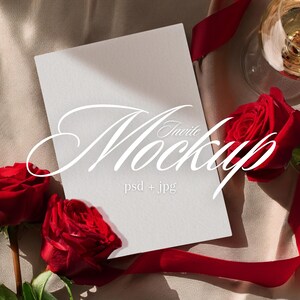 5 x 7 Invitation Mockup PSD, Luxury Romantic Valentines Rose Flat Lay Photoshop Mockup, Smart Object