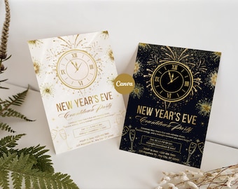 May include: Two New Year's Eve party invitations. One is white with gold accents, the other is black with gold accents. Both feature a clock design, fireworks, and the text "New Year's Eve Countdown Party".
